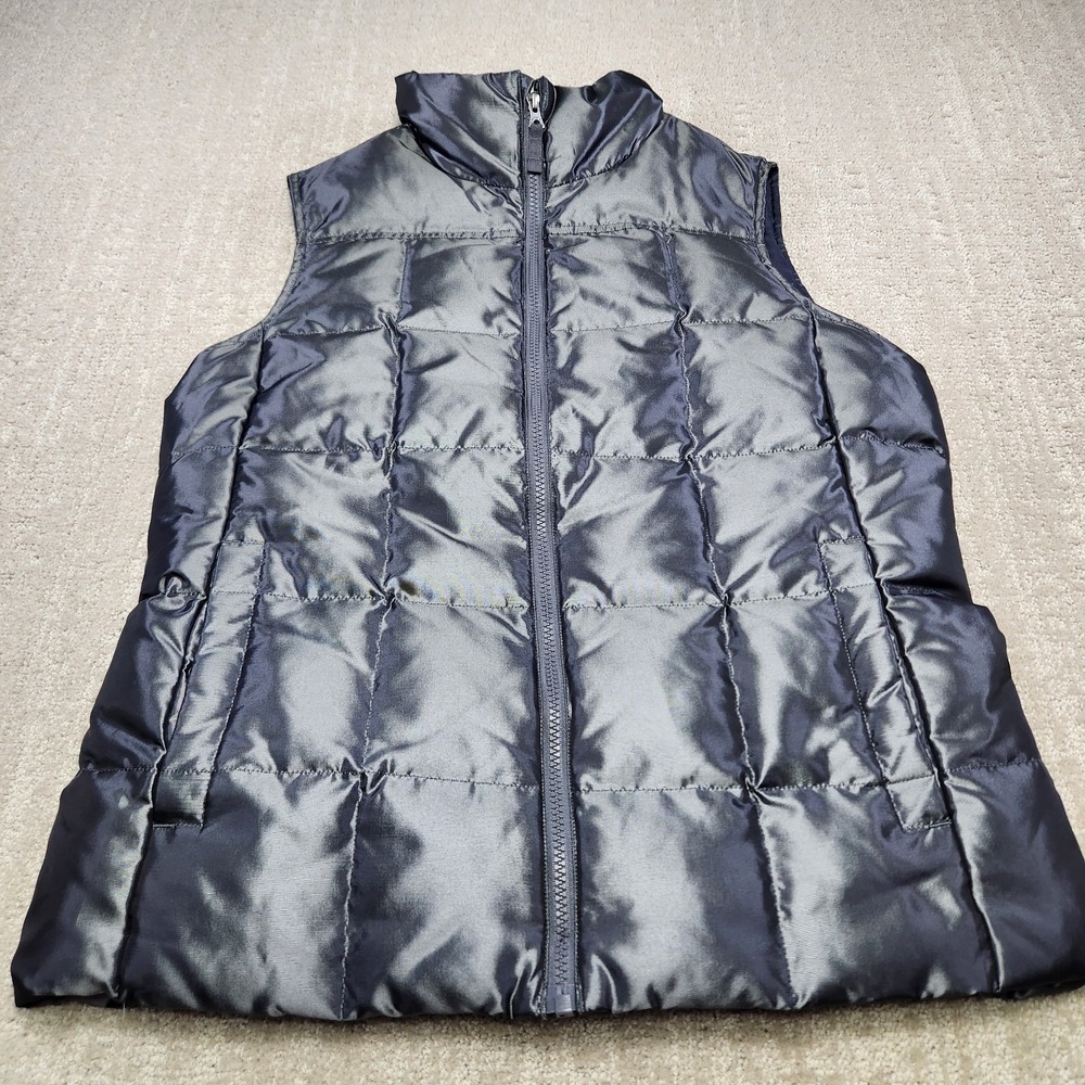 Lands End Down Puffer Vest Women Medium Quilted Dark Metallic Gray‎ Full Zip